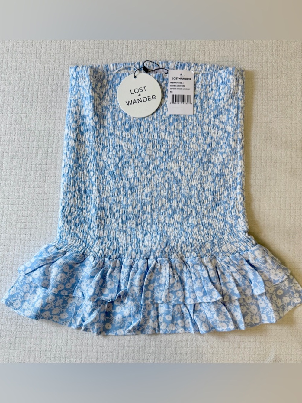 Lost + Wander Seaside Breeze Mini Skirt XS Blue White Smocked Ruffle Floral NWT